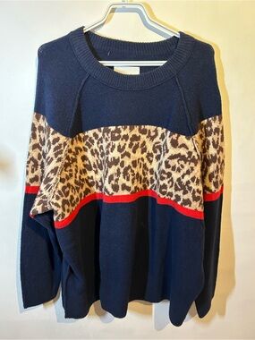 aerie Navy Crewneck Sweater with Leopard Panel and Red Stripe
